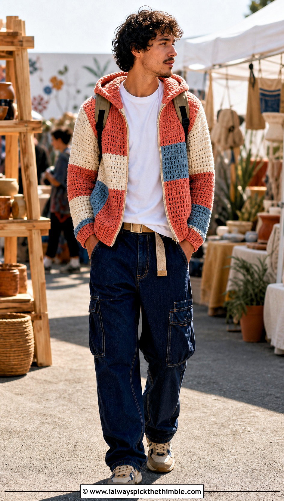 Patchwork Crochet Hoodie With Utility Jeans - 20 Crochet Hoodies For Men outfit ideas