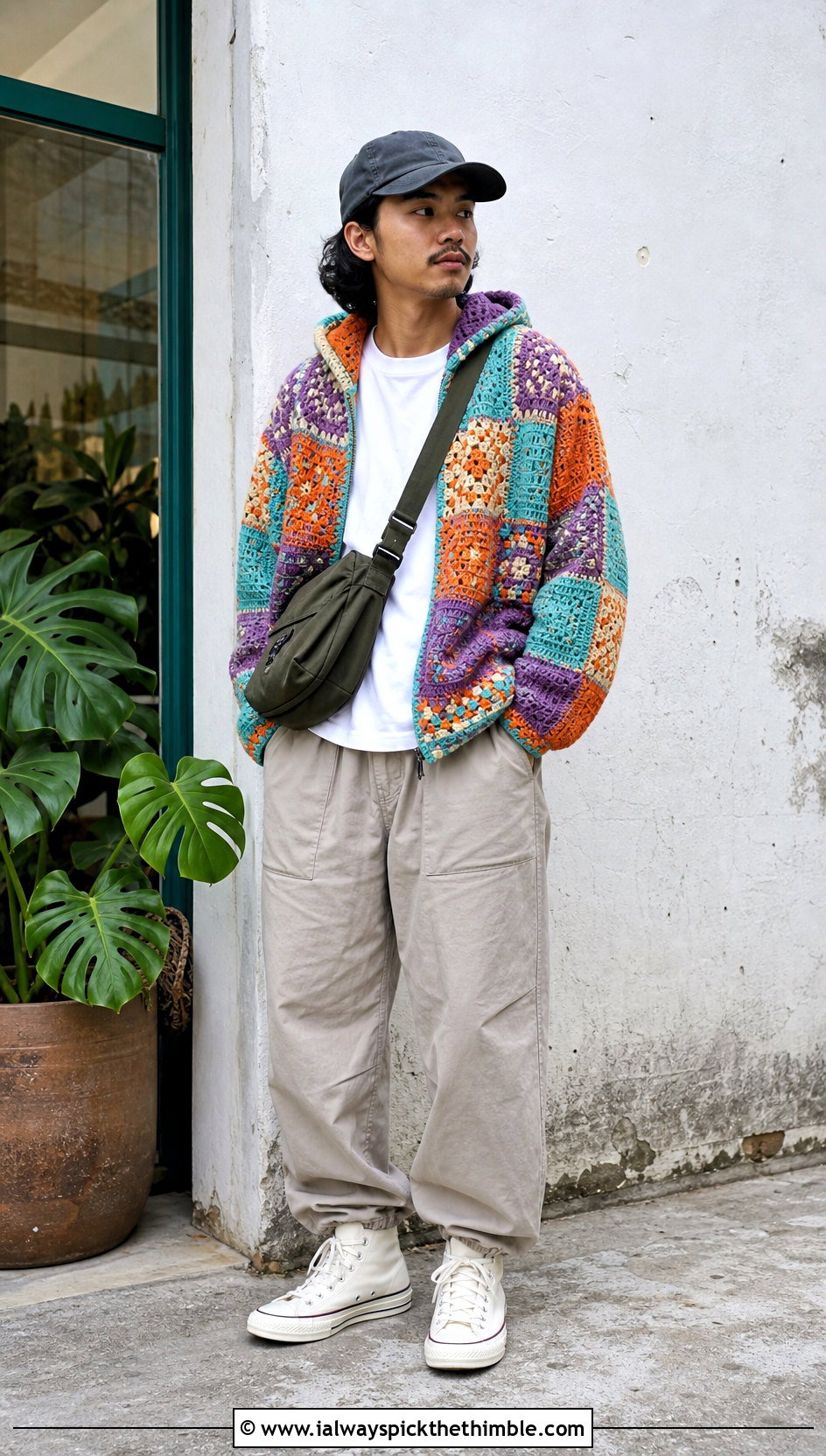 Patchwork Crochet Hoodie With Utility Pants - 25 crochet hoodie for men outfit ideas