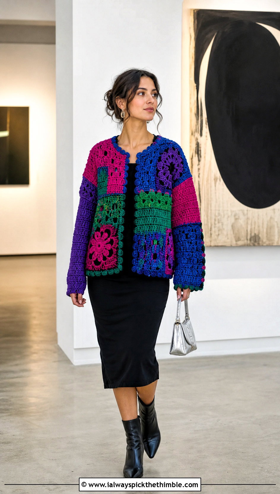 Patchwork Crochet Irish Sweater With Black Midi Dress - 20 Crochet Irish Sweater outfit ideas