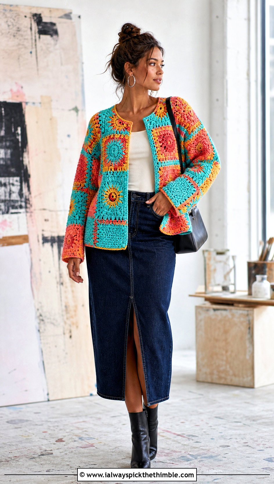Patchwork Crochet Jacket With A Denim Midi Skirt - 15 beginner crochet jacket ideas