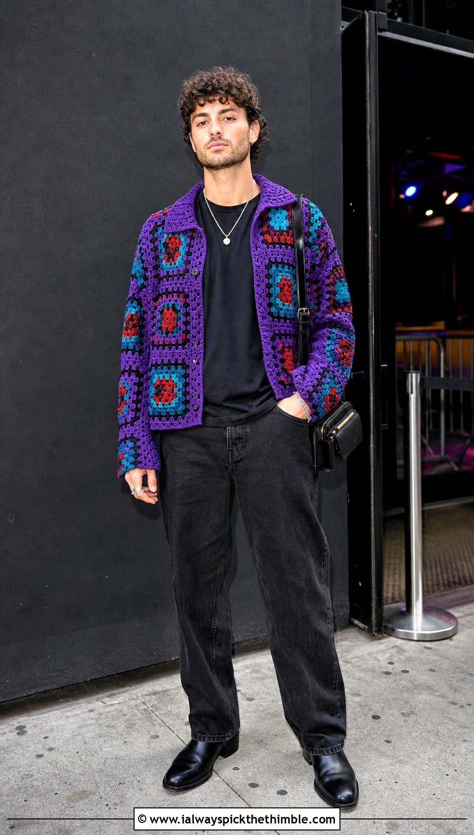 Patchwork Crochet Jacket With Black Denim - 25 crochet outfits for men outfit ideas
