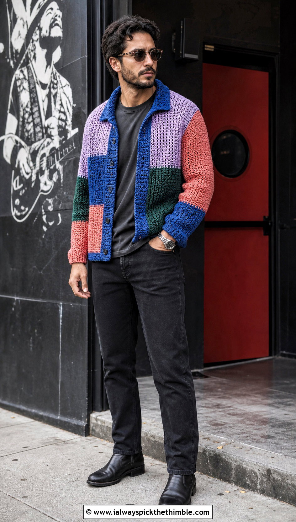 Patchwork Crochet Jacket With Black Denim - 20 Crochet Men Clothing and outfit ideas