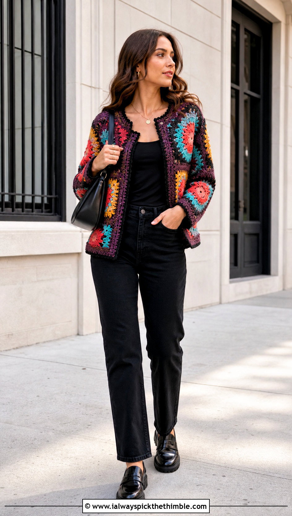 Patchwork Crochet Jacket With Black Jeans - 20 crochet jacket for ladies outfit ideas