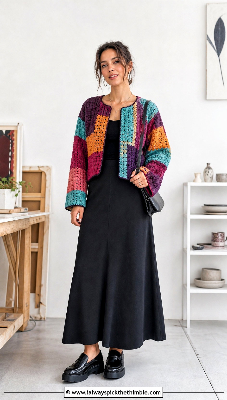 Patchwork Crochet Jacket With Black Maxi Skirt - 20 crochet jacket for women outfit ideas