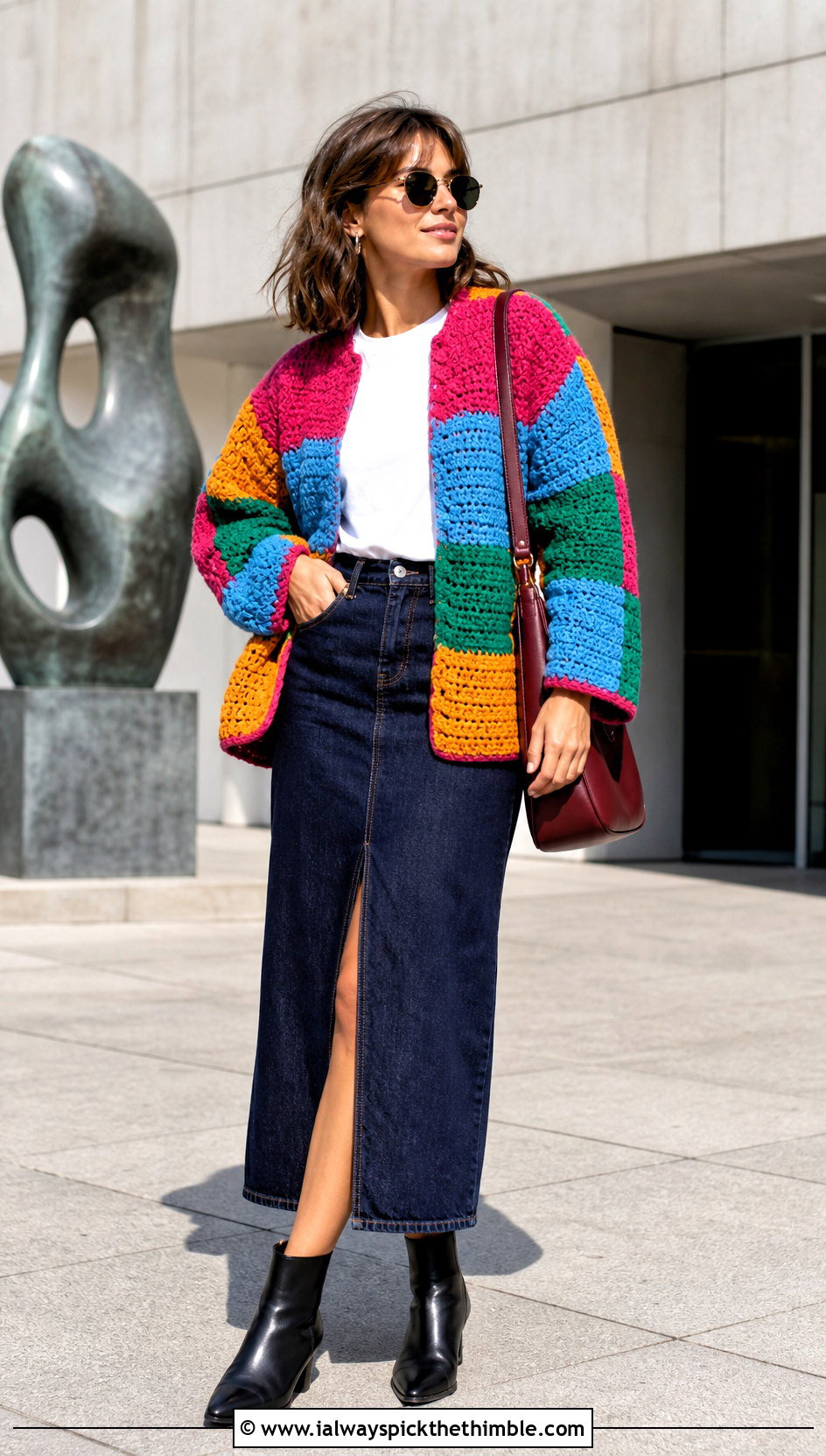 Patchwork Crochet Jacket With Denim Midi Skirt - 15 crochet jacket for beginners outfit ideas