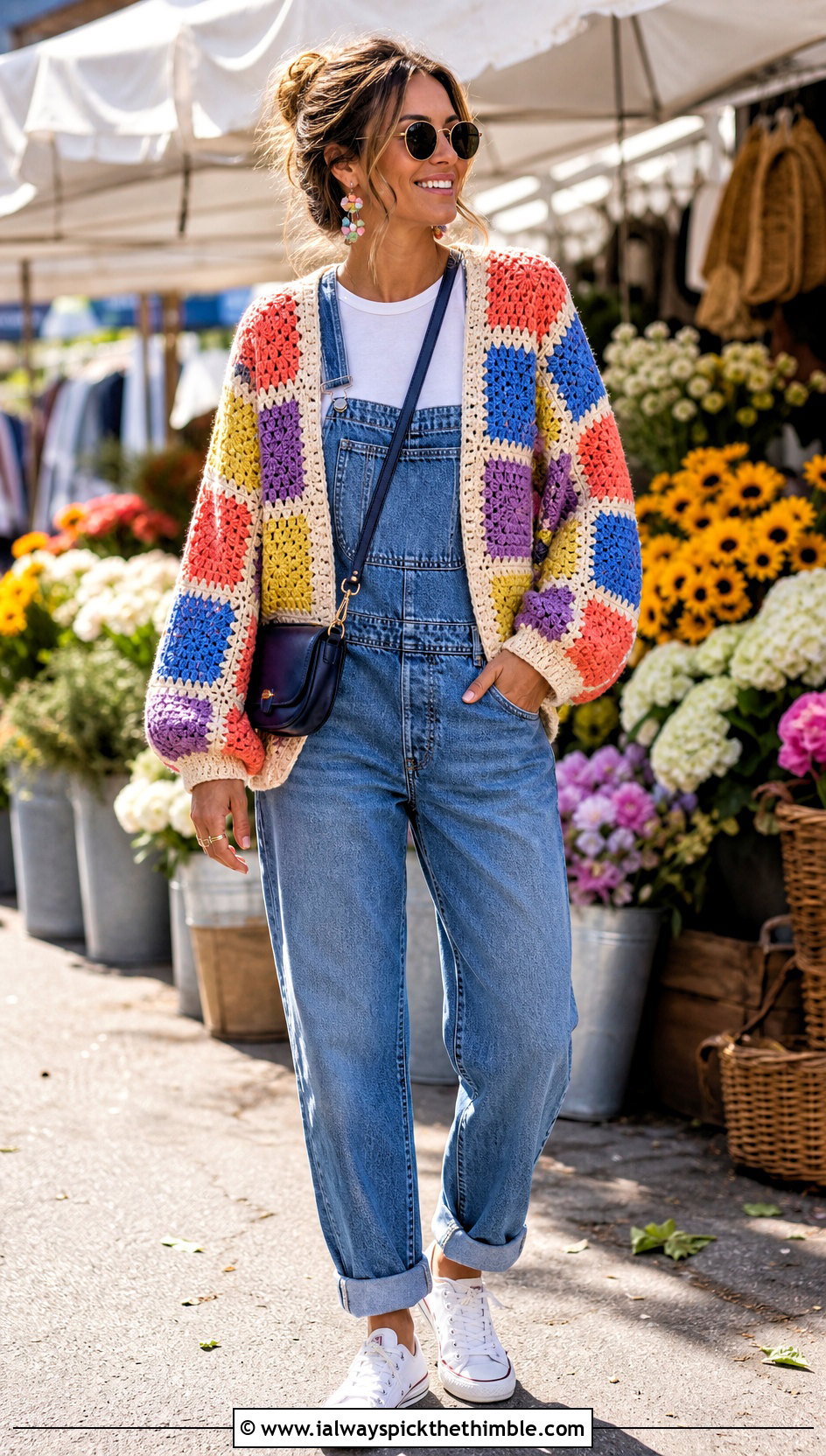 Patchwork Crochet Jacket With Denim Overalls - 25 easy crochet jacket outfit ideas