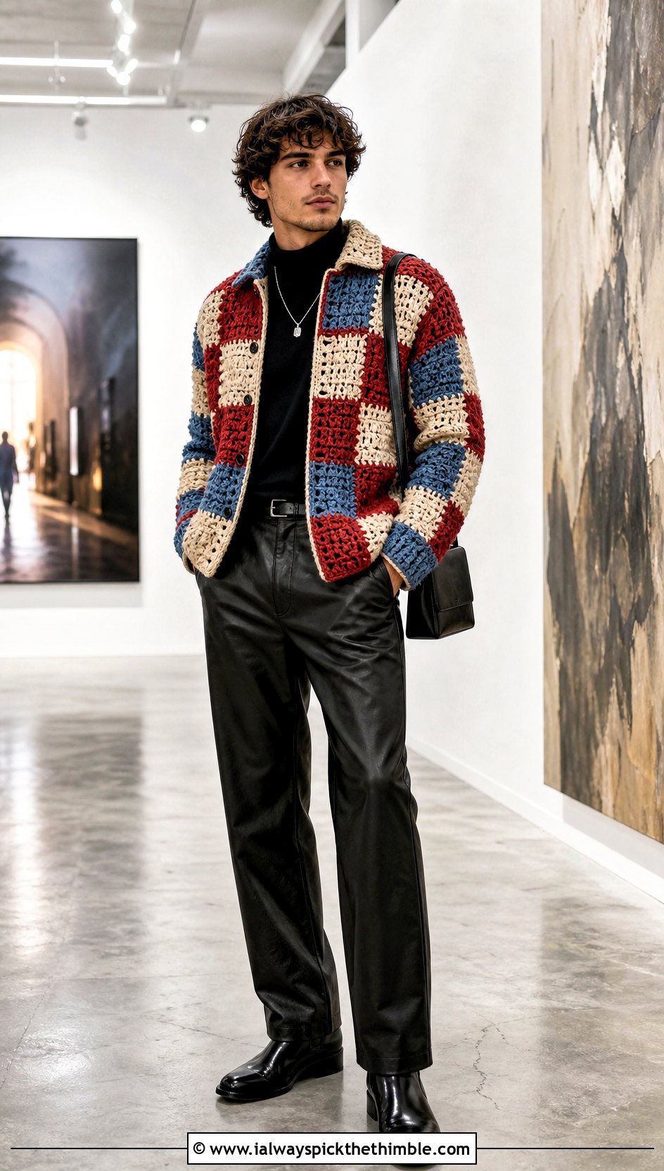 Patchwork Crochet Jacket With Leather Pants - 20 Crochet Guys Clothes and outfit ideas
