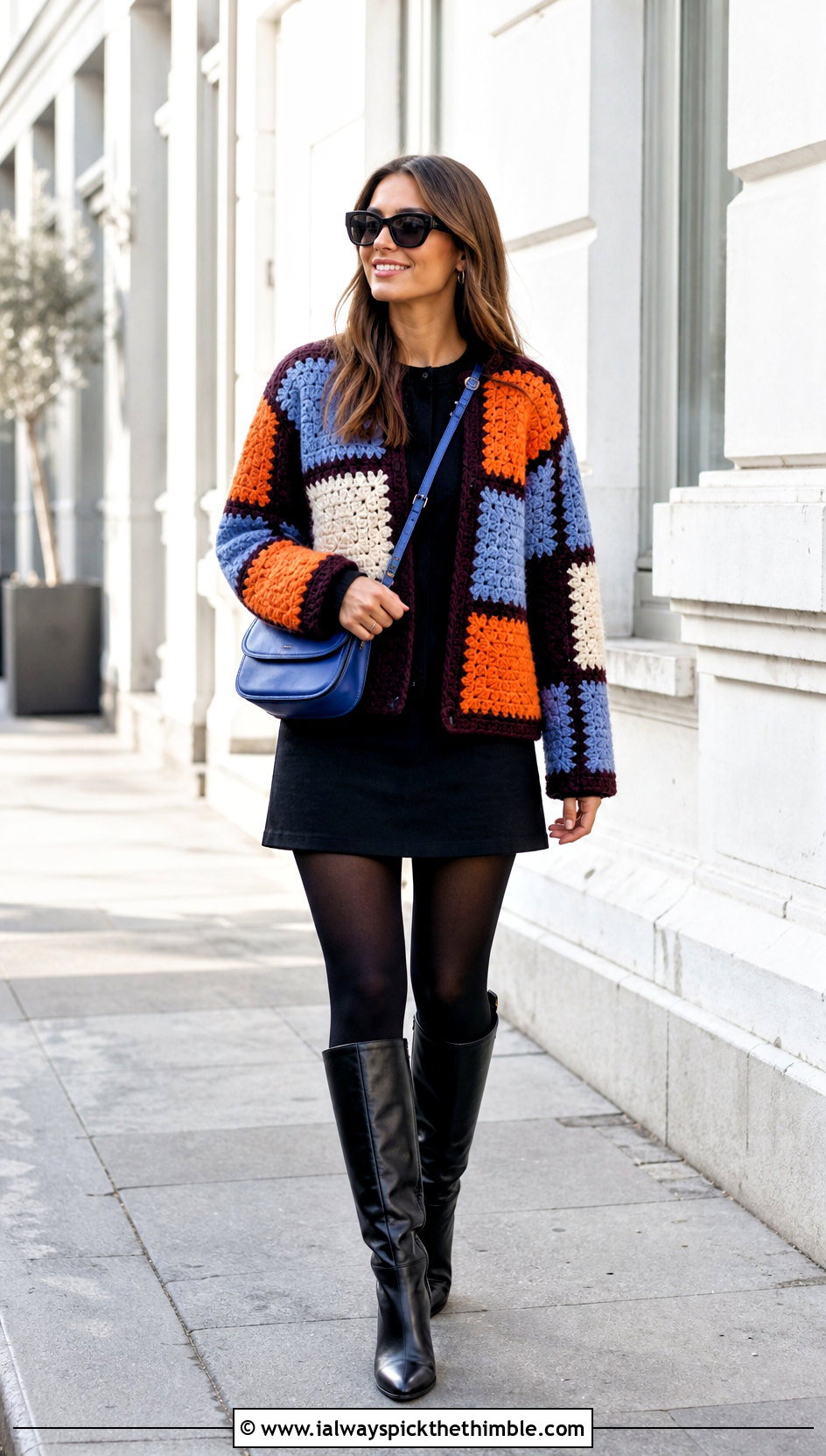 Patchwork Crochet Jacket With Mini Dress - 25 crocheted jacket outfit ideas