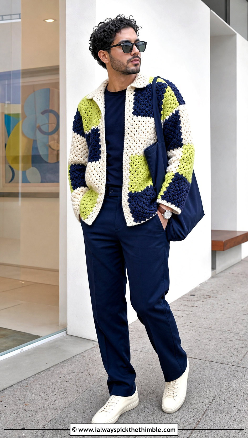 Patchwork Crochet Jacket With Monochrome Basics - 25 crochet mens clothes and outfit ideas