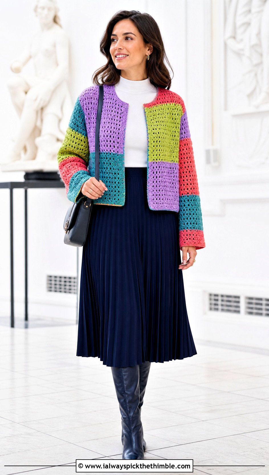 Patchwork Crochet Jacket With Pleated Skirt - 25 crochet coats & jackets outfit ideas