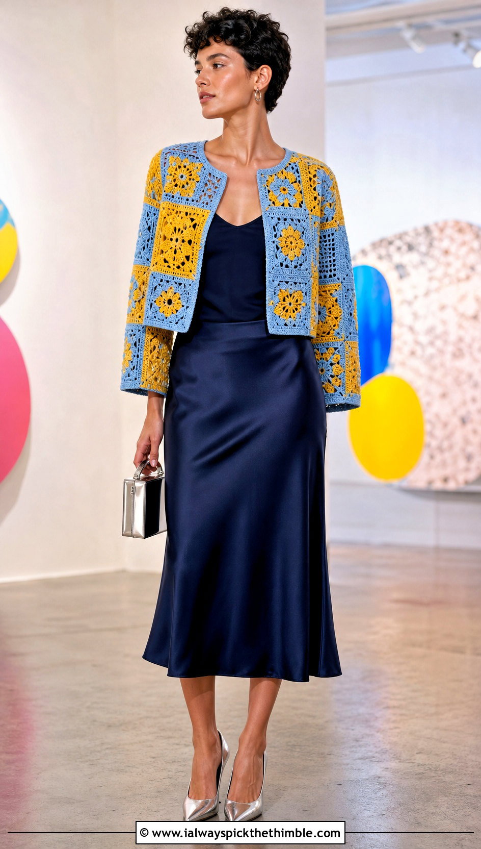 Patchwork Crochet Jacket With Satin Midi Skirt - 15 crochet vest coats & jackets outfit ideas