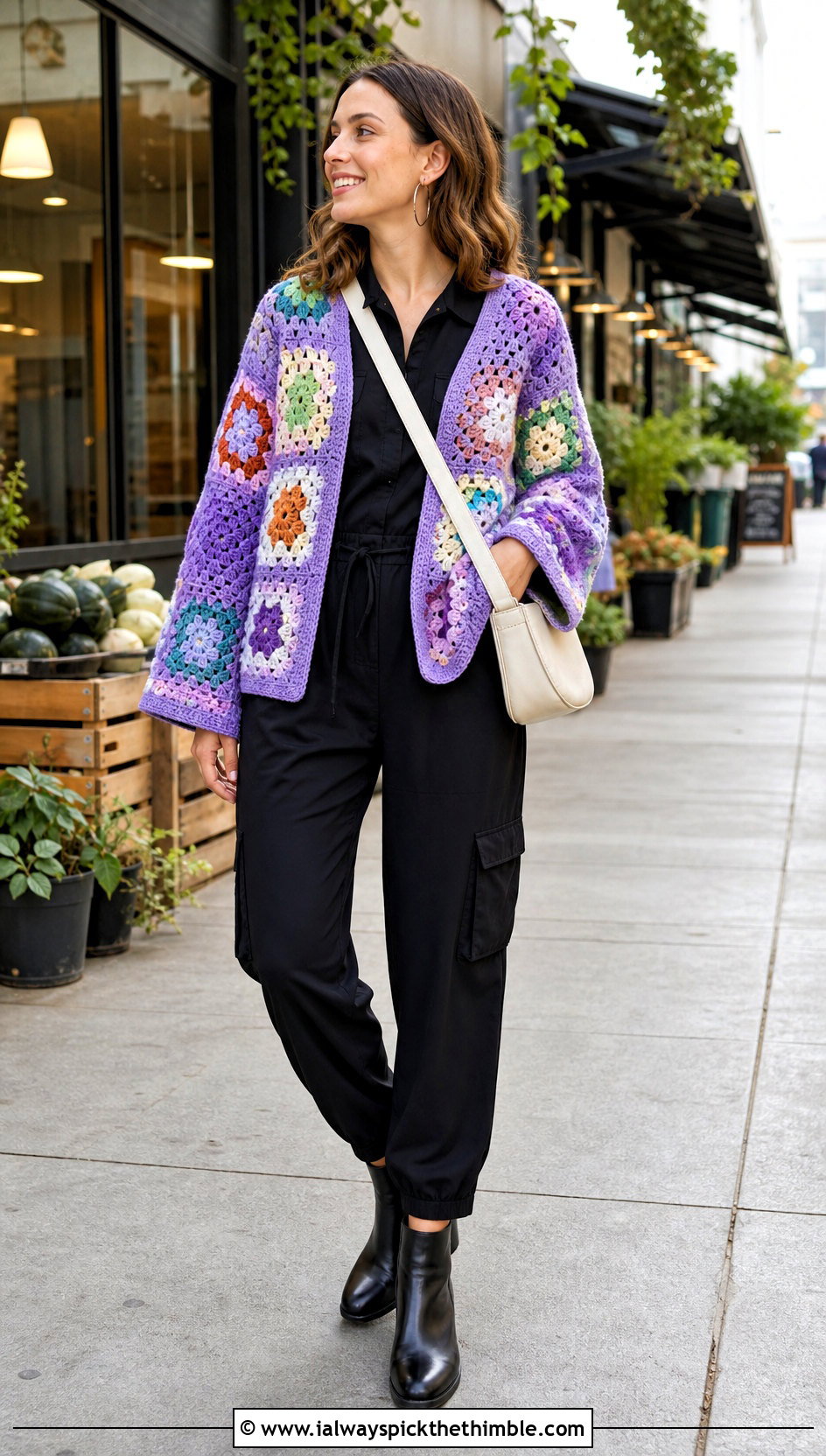 Patchwork Crochet Jacket With Utility Jumpsuit - 20 women crochet clothes and outfit ideas