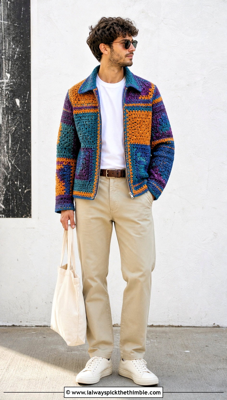 Patchwork Crochet Jacket With White T Shirt And Khakis - 25 crochet jacket for men outfit ideas