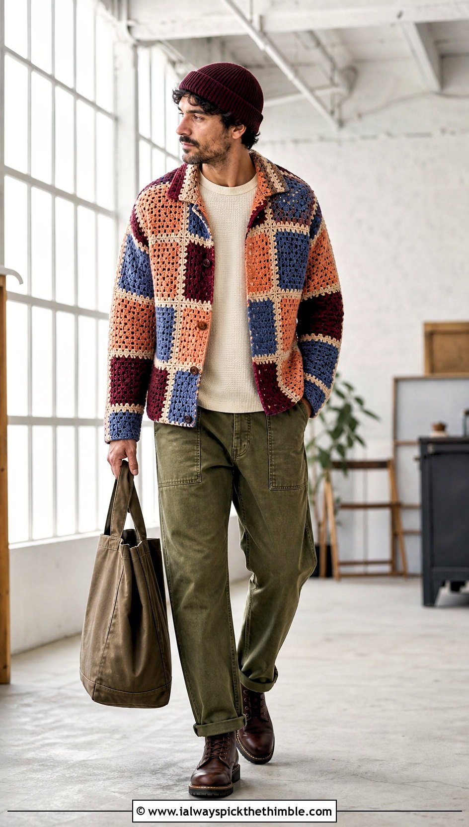Patchwork Crochet Jacket With Workwear Pants - 15 men crochet clothes and outfit ideas