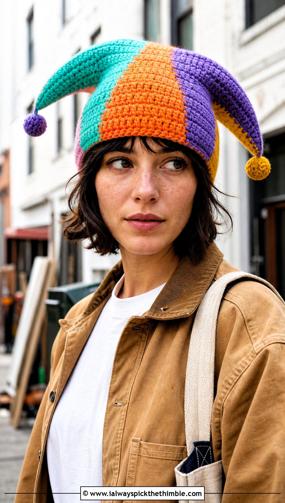 Patchwork Crochet Jester Hat With Workwear Jacket - 25 crochet jester hat outfit ideas