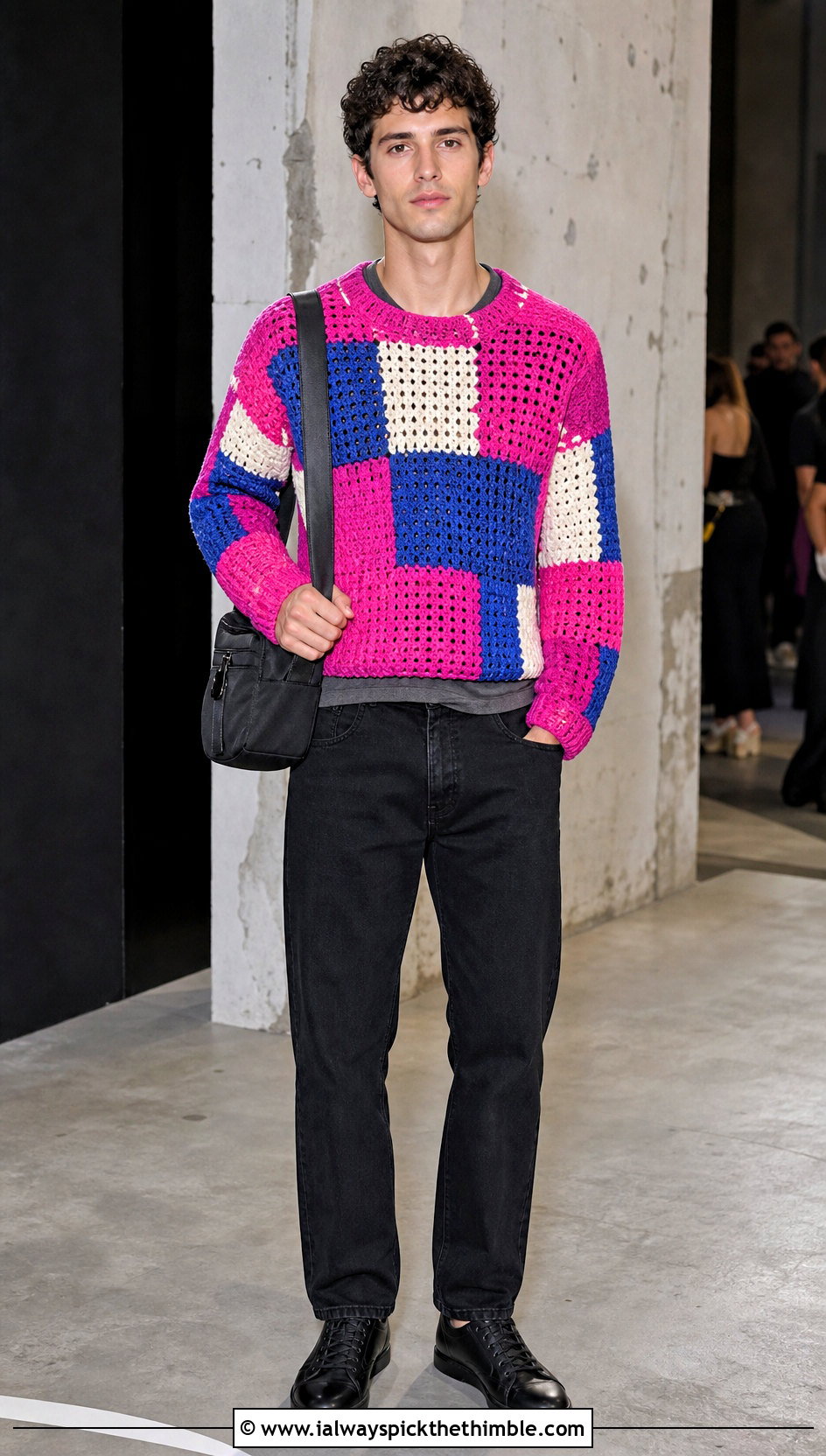 Patchwork Crochet Jumper With Black Jeans - 25 men crochet jumper outfit ideas