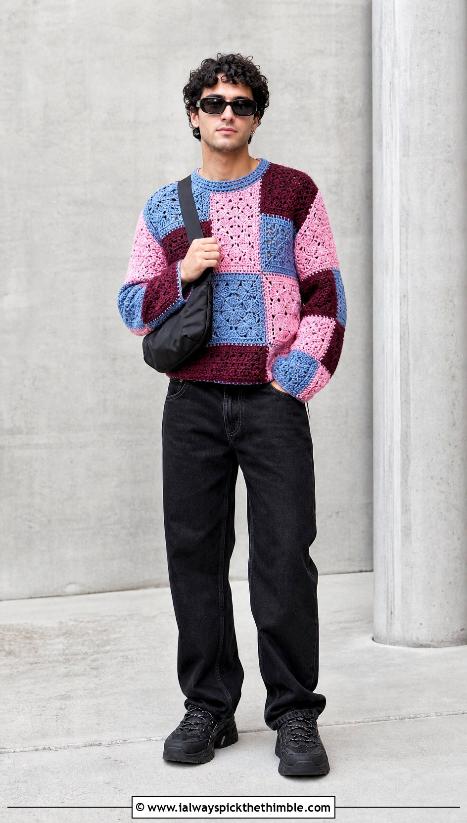 Patchwork Crochet Jumper With Black Jeans - 20 mens crochet jumper outfit ideas