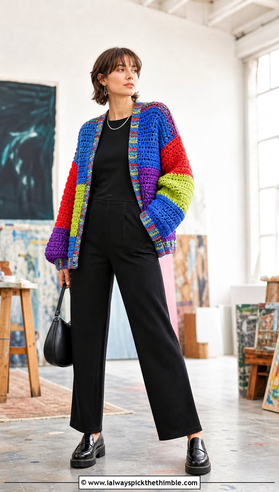 Patchwork Crochet Jumper With Black Jumpsuit - 20 oversized crochet jumper outfit ideas