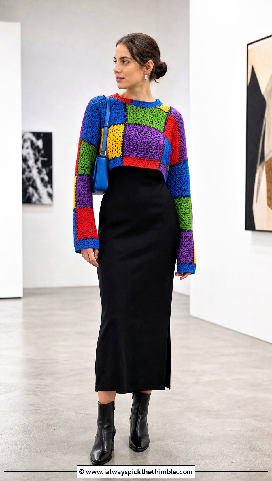 Patchwork Crochet Jumper With Black Midi Dress - 25 easy crochet jumper outfit ideas