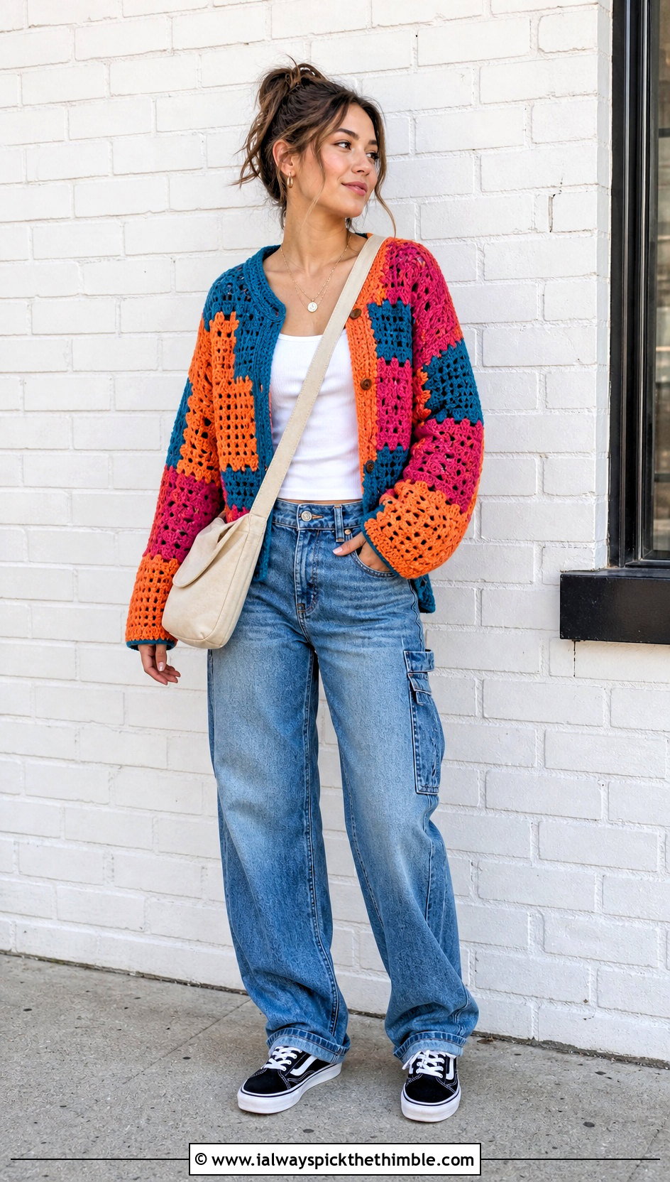 Patchwork Crochet Jumper With Carpenter Jeans - 25 crochet jumper outfit ideas