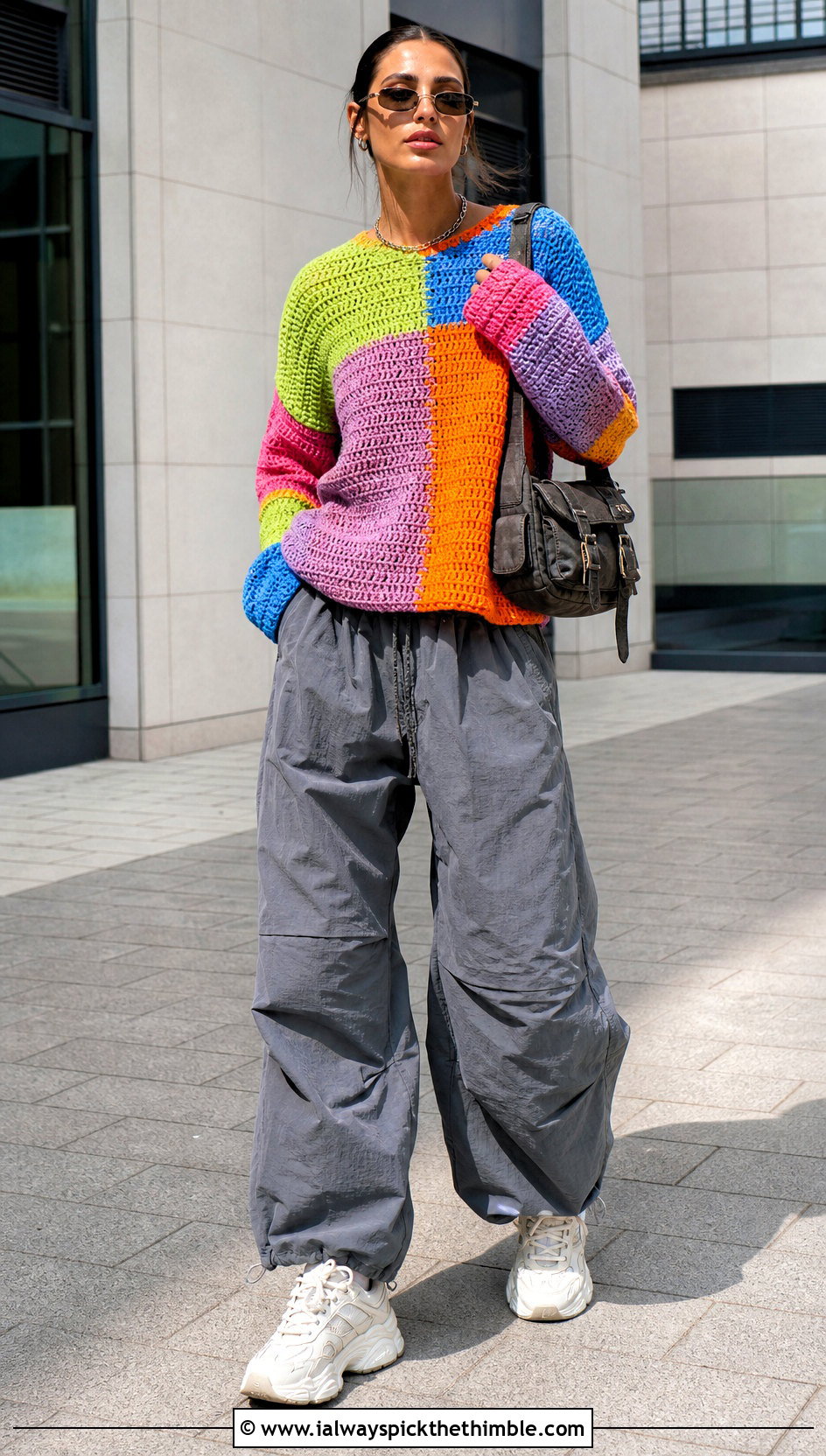 Patchwork Crochet Jumper With Parachute Pants - 20 Cute Crochet Jumper outfit ideas