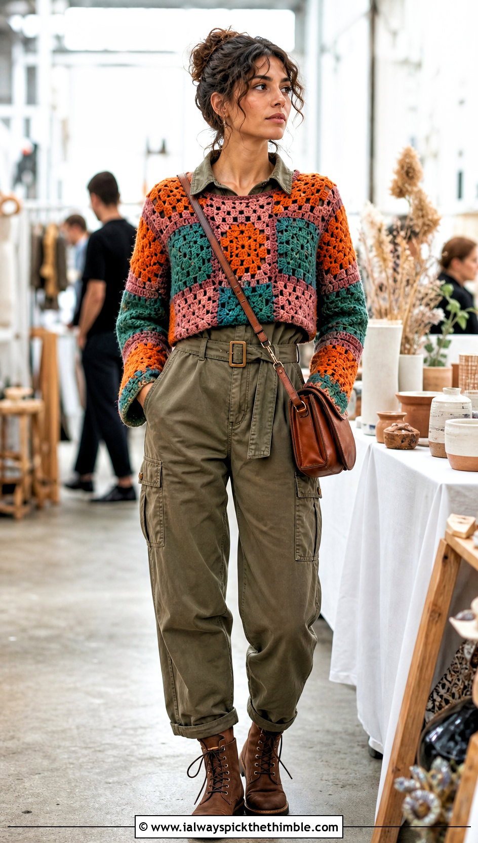 Patchwork Crochet Jumper With Utility Jumpsuit - 20 Beginner Crochet Jumper outfit ideas