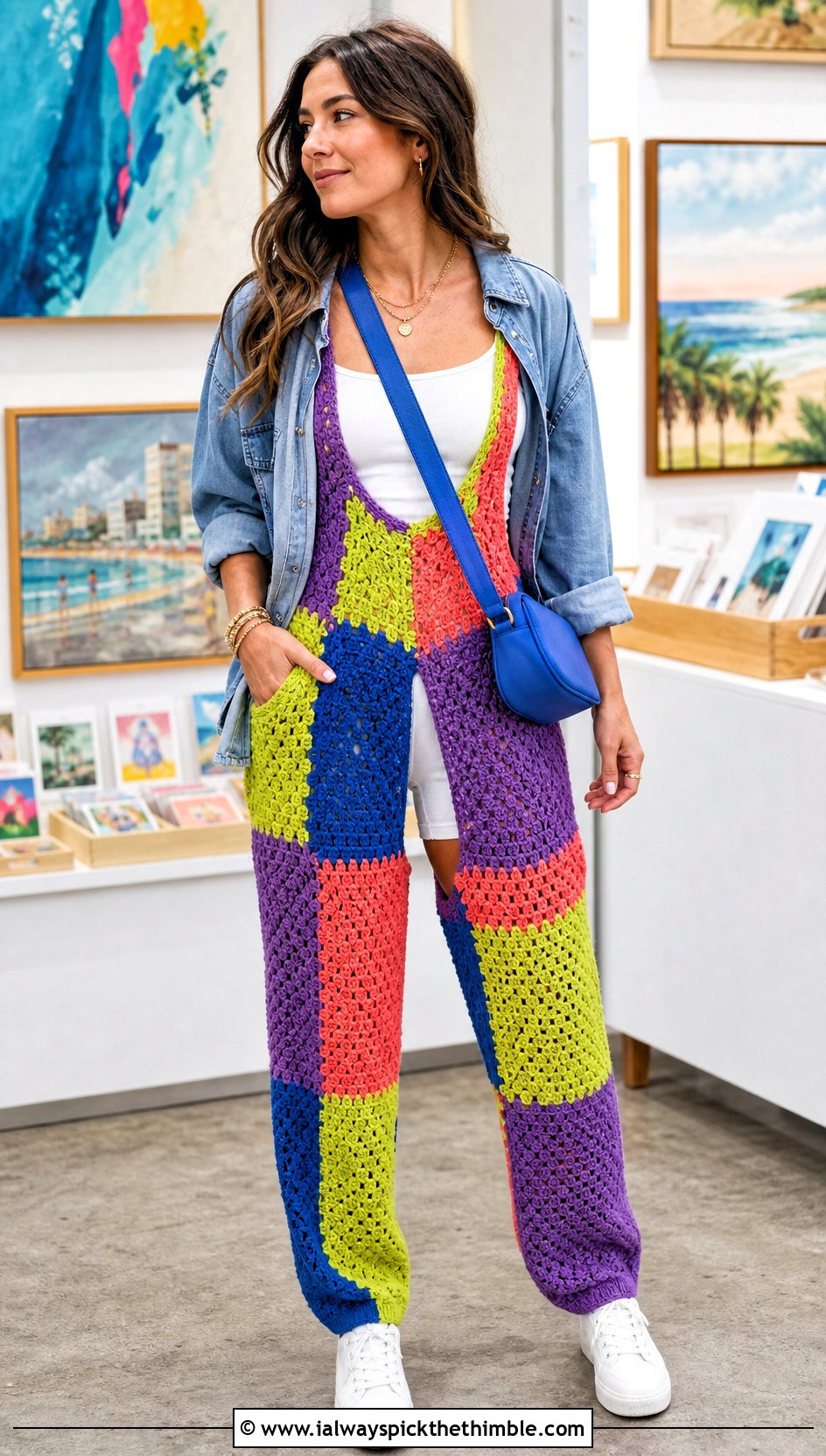 Patchwork Crochet Jumpsuit With Denim Overshirt - 20 Women Crochet Jumpsuit outfit ideas