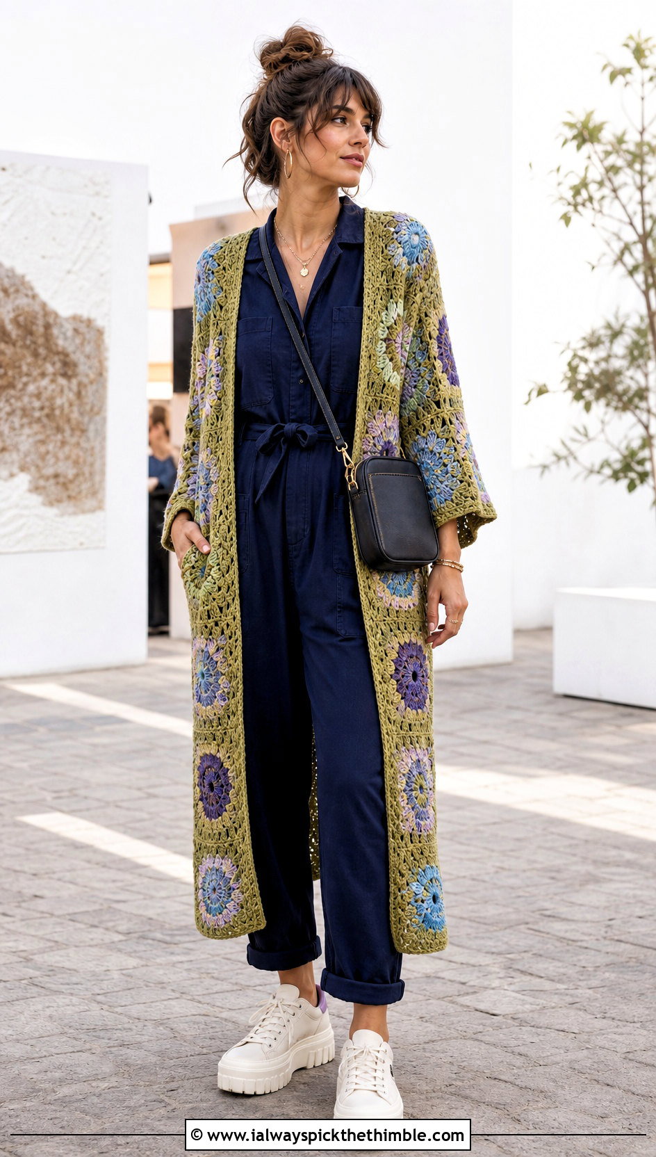 Patchwork Crochet Kimono Cardigan With Utility Jumpsuit - 25 crochet kimono cardigan outfit ideas