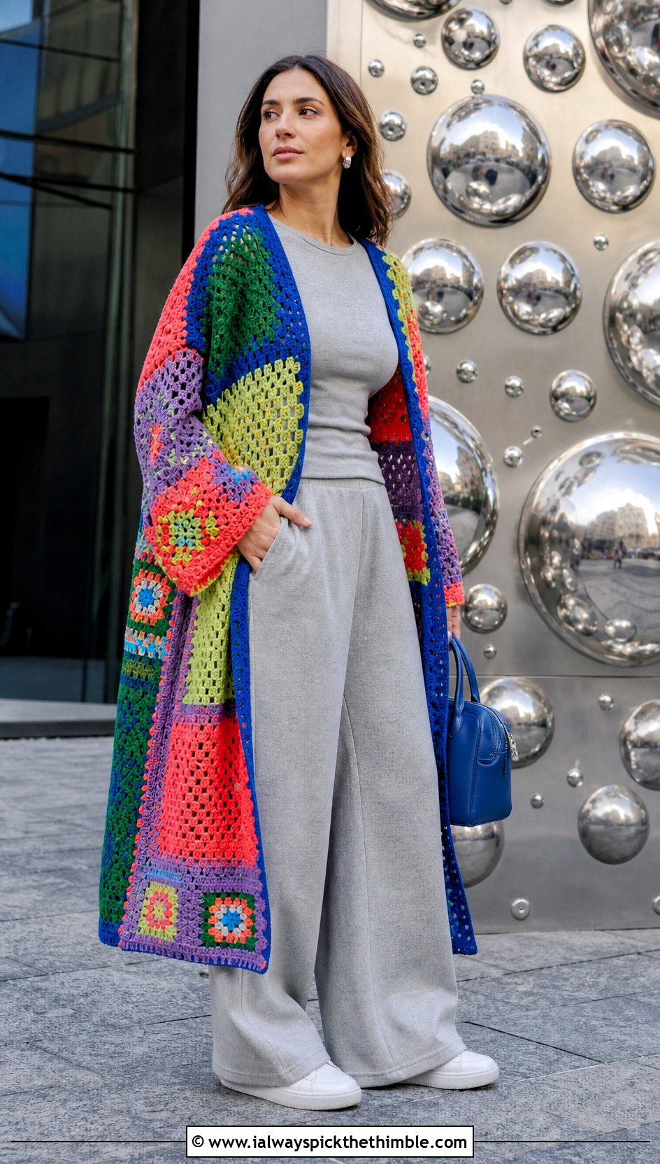 Patchwork Crochet Kimono With Monochrome Outfit - 20 easy crochet kimono outfit ideas