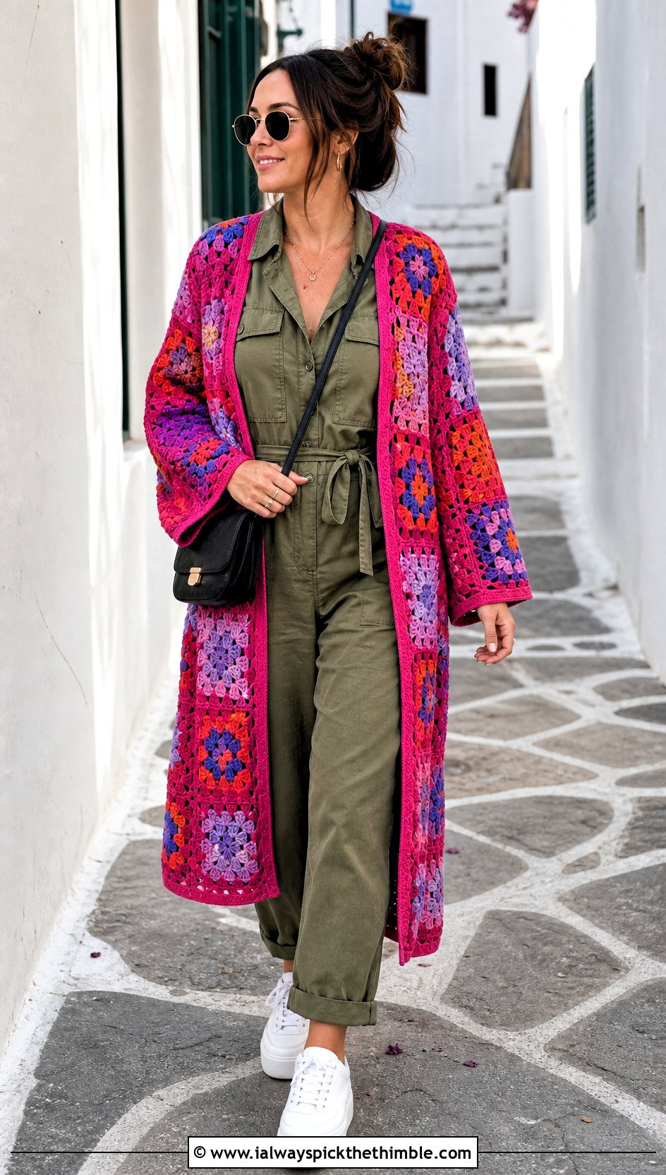 Patchwork Crochet Kimono With Utility Jumpsuit - 20 Boho Crochet Kimono outfit ideas