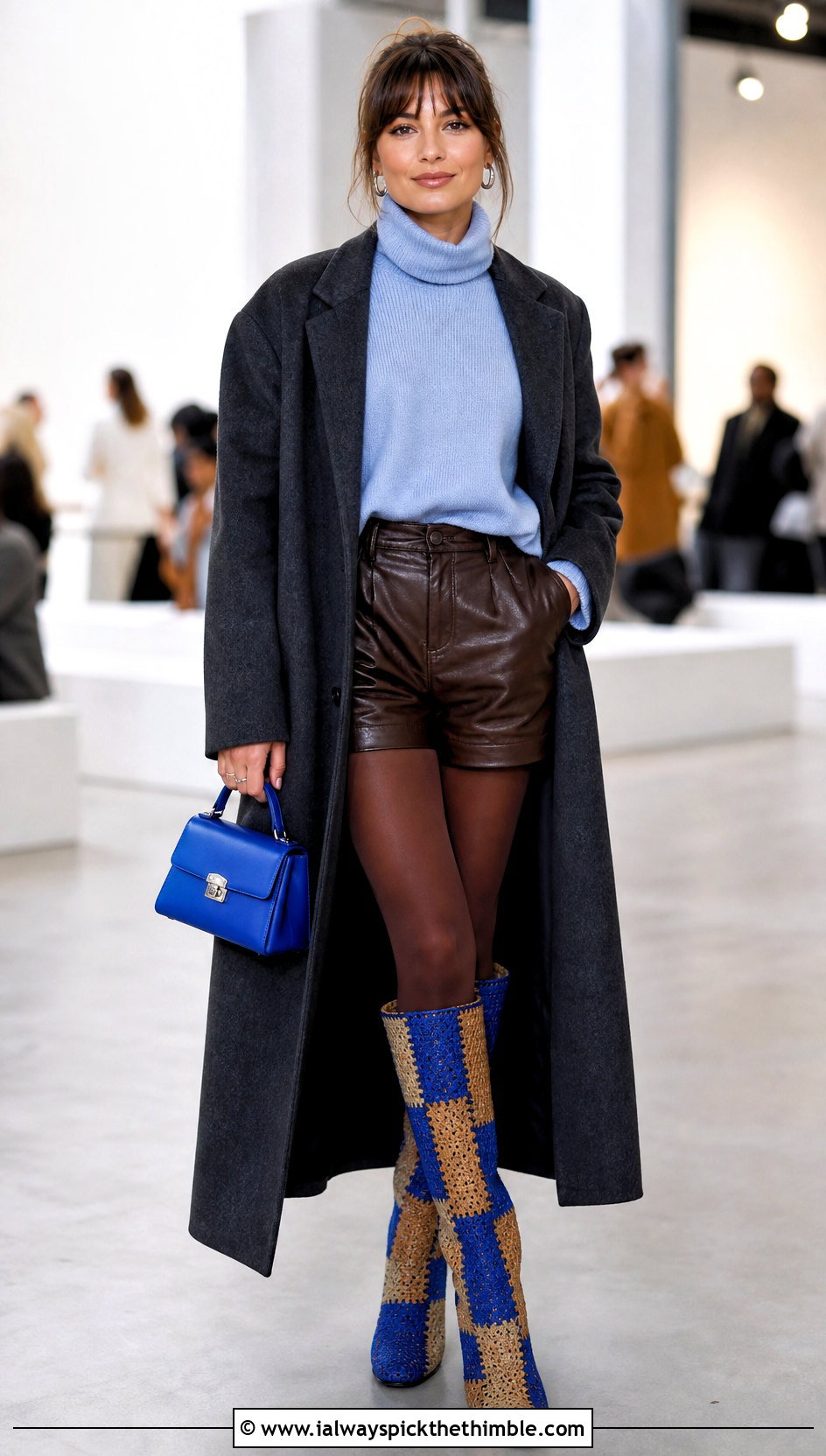 Patchwork Crochet Knee High Boots With Leather Shorts - 15 Blue And Brown Crochet Boots outfit ideas