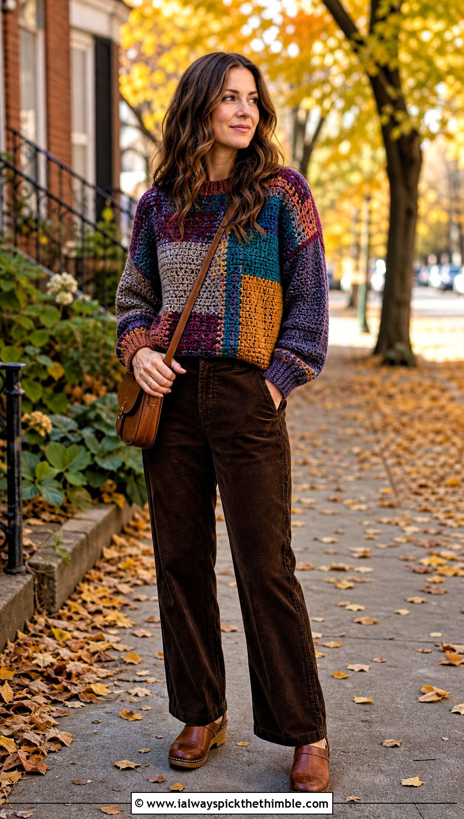 Patchwork Crochet Knit Sweater With Corduroy Pants - 25 Crochet Knit Sweater outfit ideas