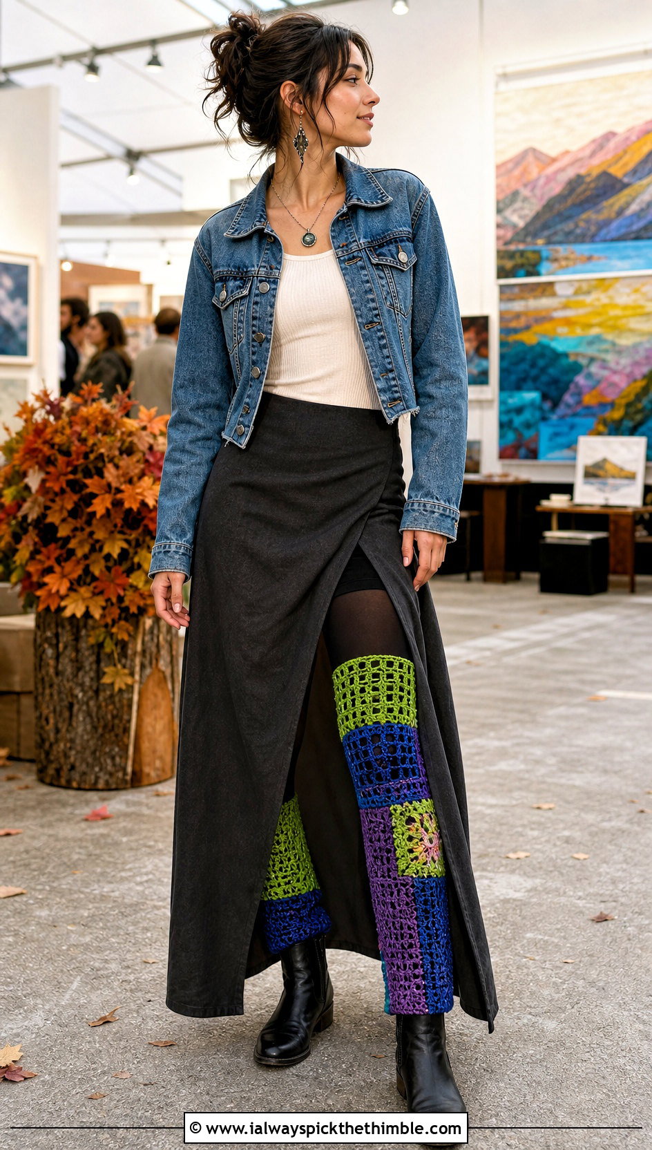 Patchwork Crochet Leg Warmers With A Maxi Skirt - 25 crochet leg warmer outfit ideas
