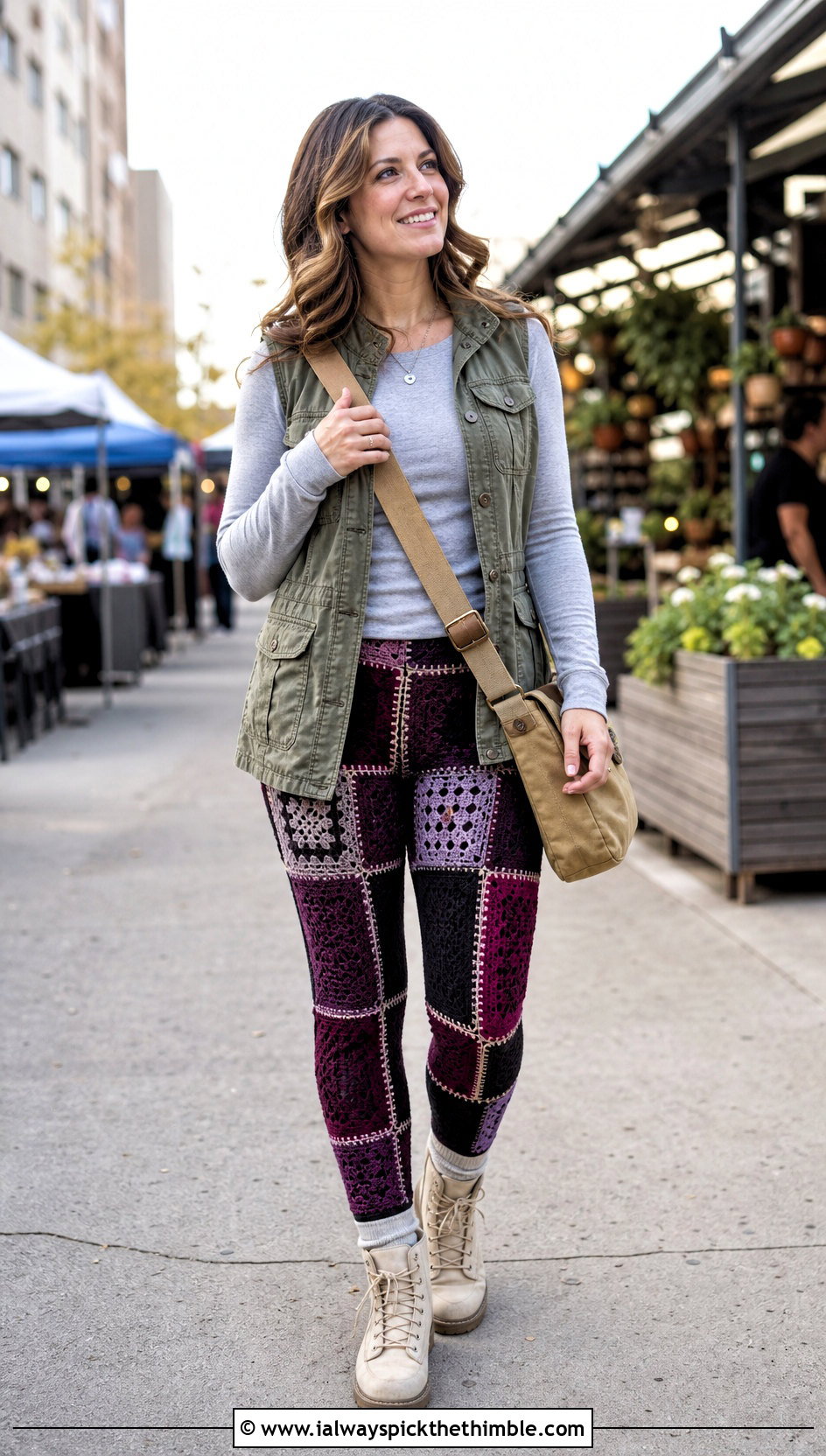 Patchwork Crochet Leggings With Utility Vest - 25 crochet leggings outfit ideas