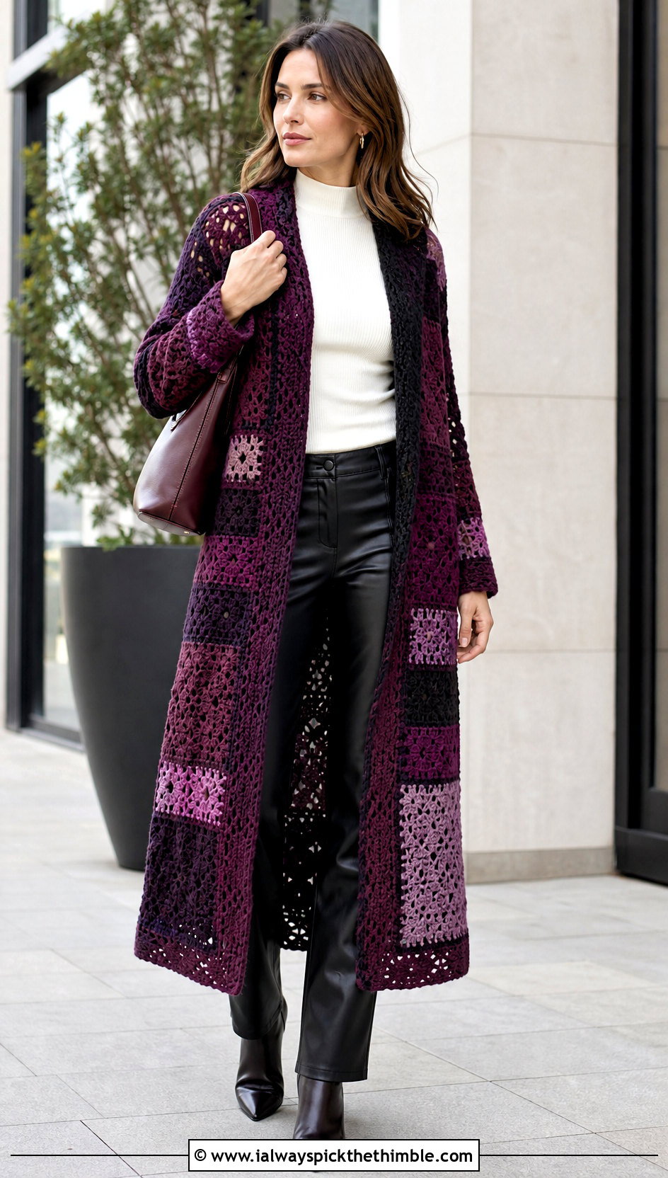 Patchwork Crochet Long Cardigan With Leather Pants - 20 Easy Crochet Long Cardigan outfit ideas