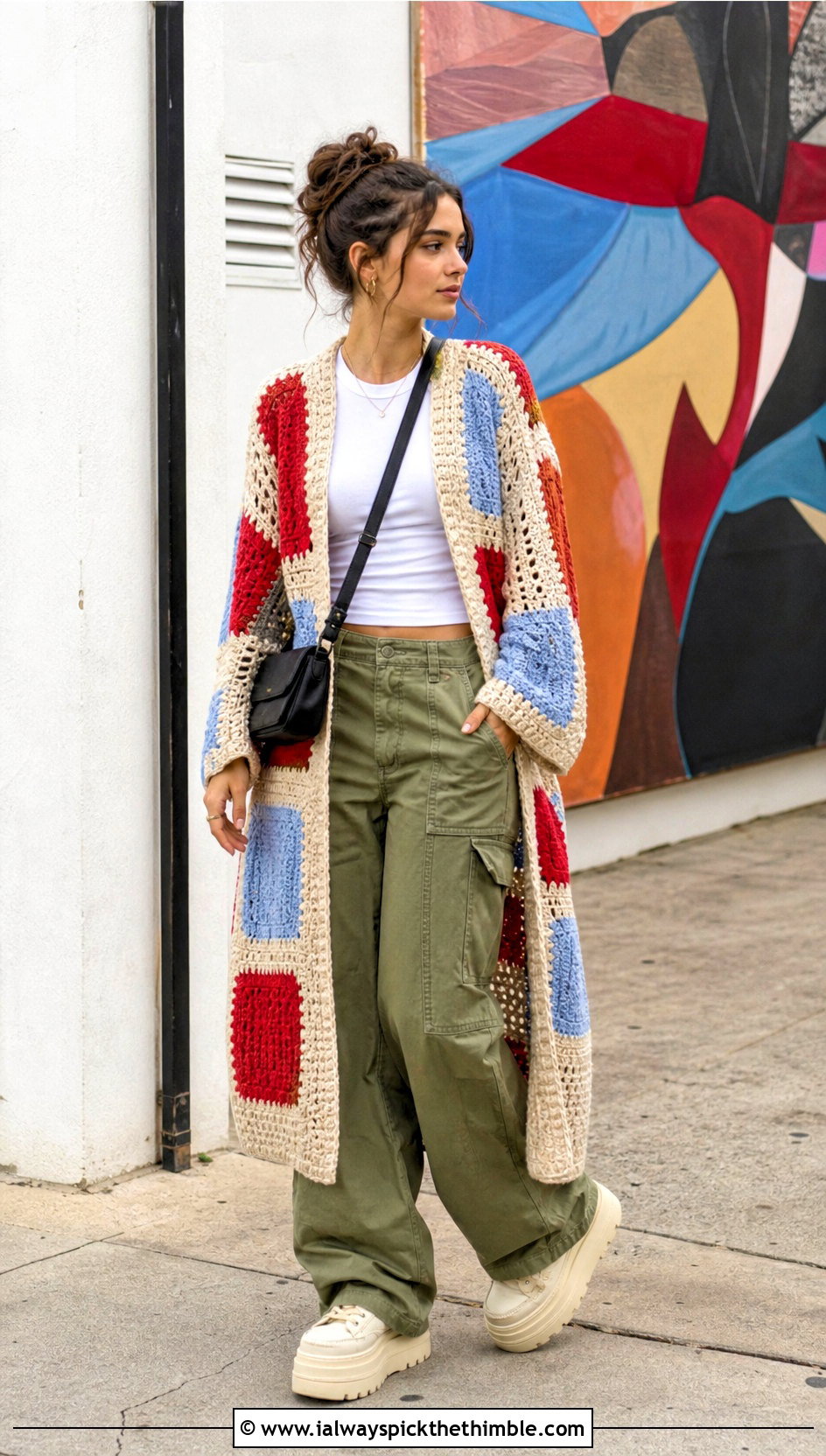 Patchwork Crochet Long Coat With Cargo Pants - 25 crochet long coat outfit ideas