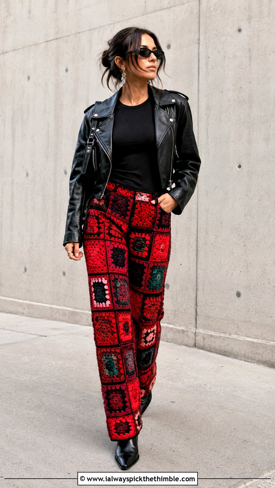 Patchwork Crochet Long Pants With Leather Jacket - 20 Crochet Long Pants outfit ideas