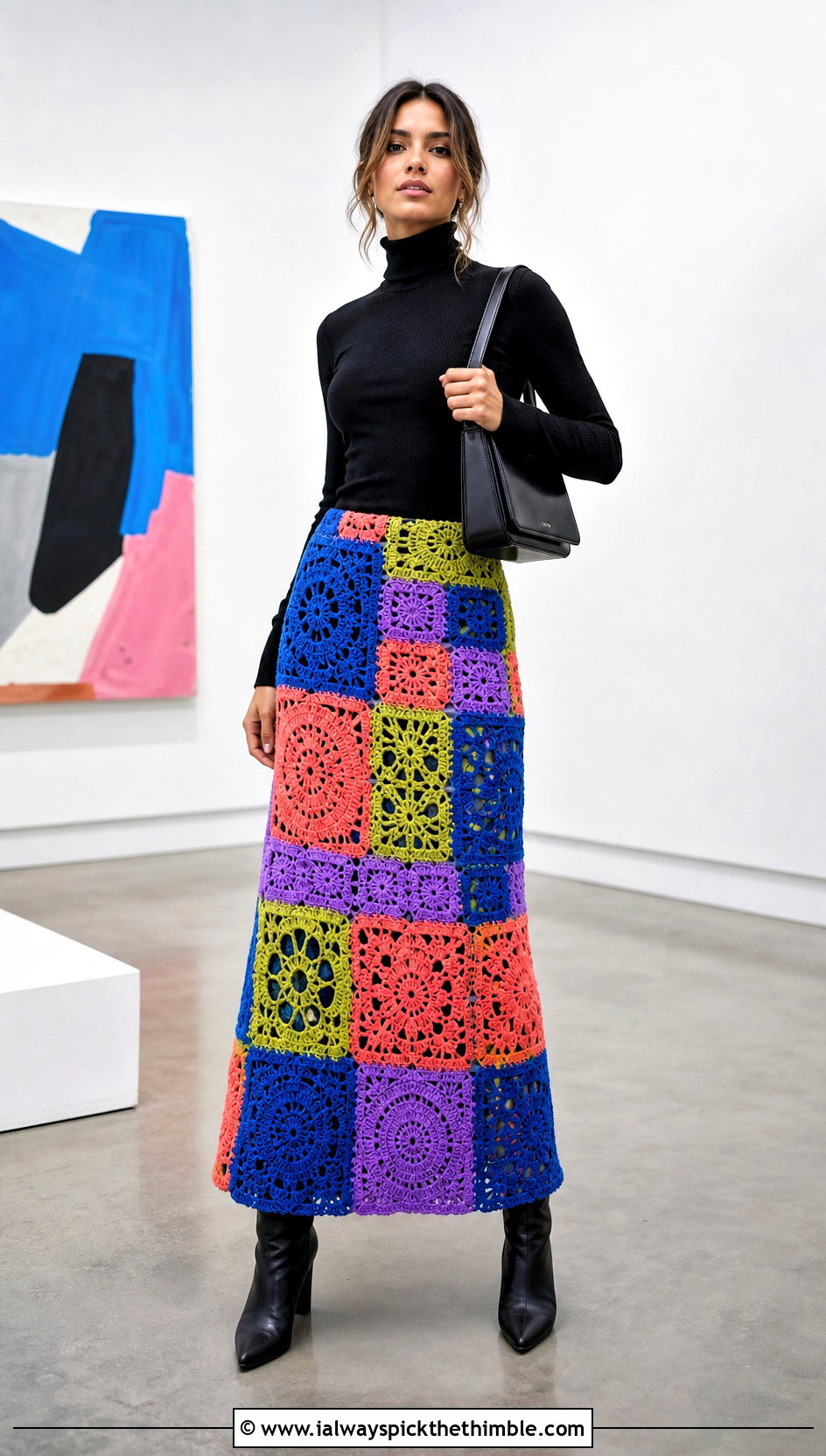 Patchwork Crochet Long Skirt With Black Turtleneck - 25 crochet long skirt outfit ideas