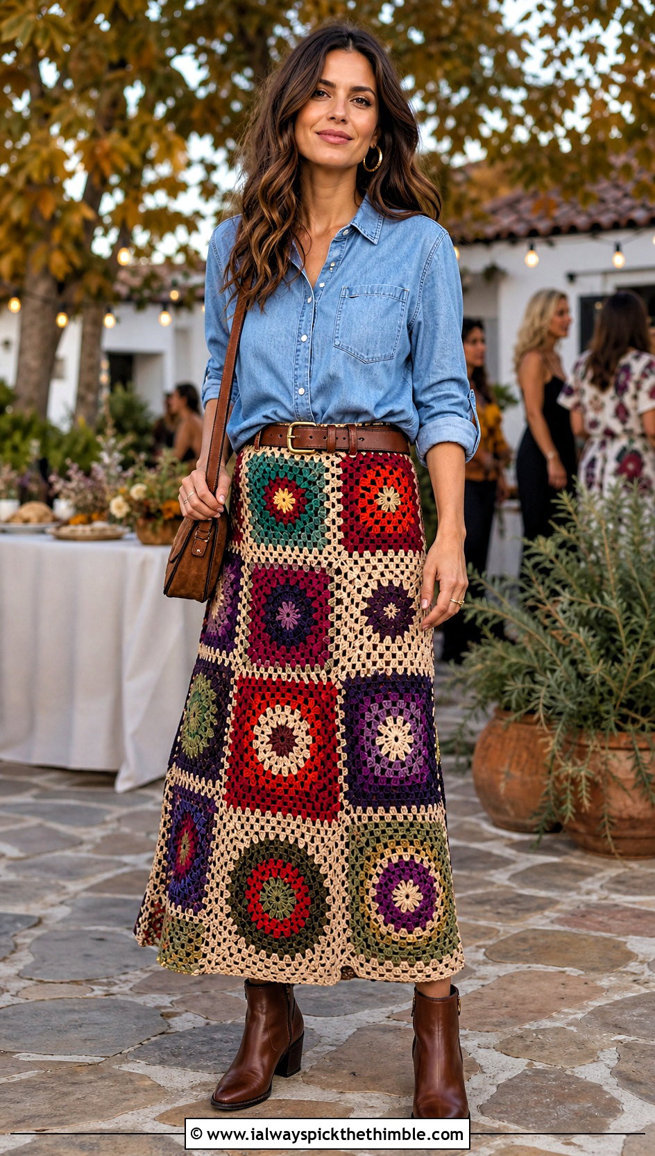 Patchwork Crochet Long Skirt With Chambray Shirt And Boots - 15 Crochet Long Skirt Aesthetic outfit ideas