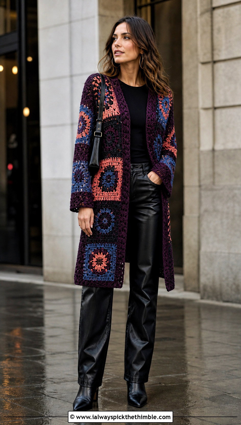 Patchwork Crochet Long Sleeve Cardigan With Leather Pants - 20 Crochet Long Sleeve Cardigan outfit ideas