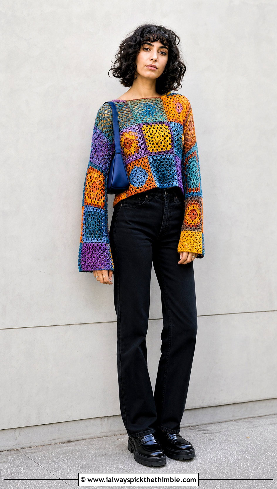 Patchwork Crochet Long Sleeve Top With Black Jeans - 25 crochet long sleeve tops outfit ideas