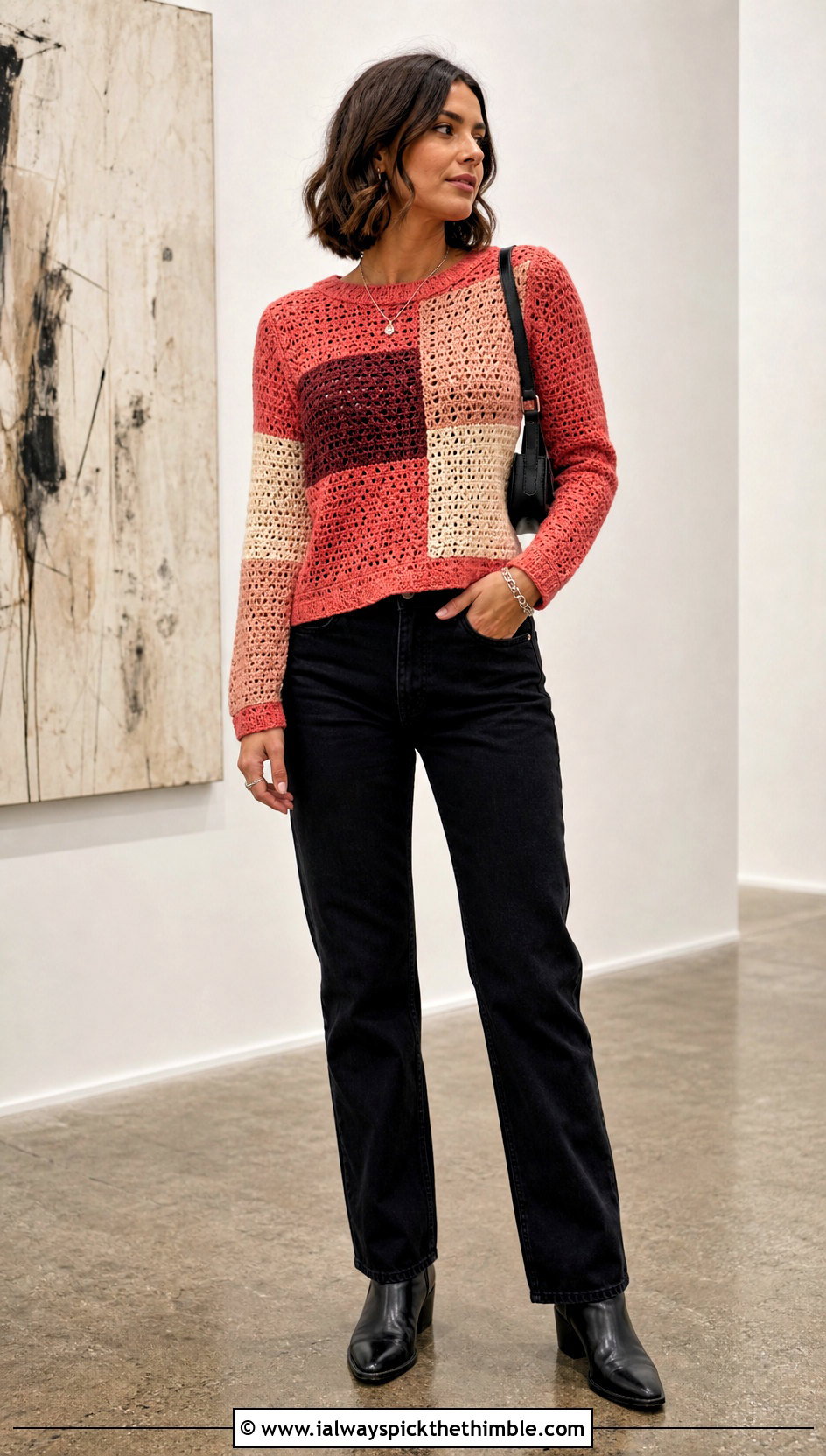 Patchwork Crochet Long Sleeve Top With Black Jeans - 25 crochet long sleeve top outfit ideas