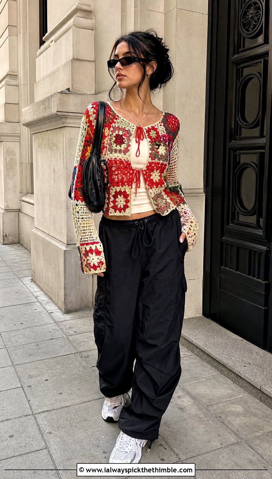 Patchwork Crochet Long Sleeve Top With Parachute Pants - 20 Crochet Tops With Long Sleeves outfit ideas