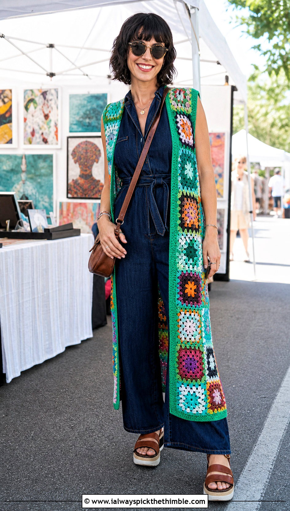 Patchwork Crochet Long Vest With Denim Jumpsuit - 25 Crochet Long Vest outfit ideas