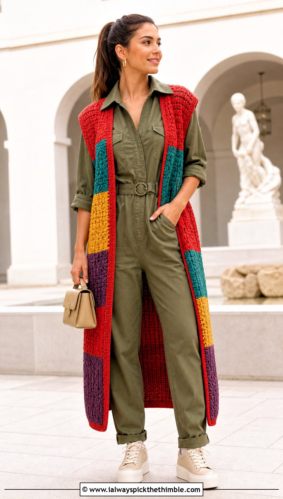 Patchwork Crochet Long Vest With Utility Jumpsuit - 20 Easy Crochet Long Vest outfit ideas