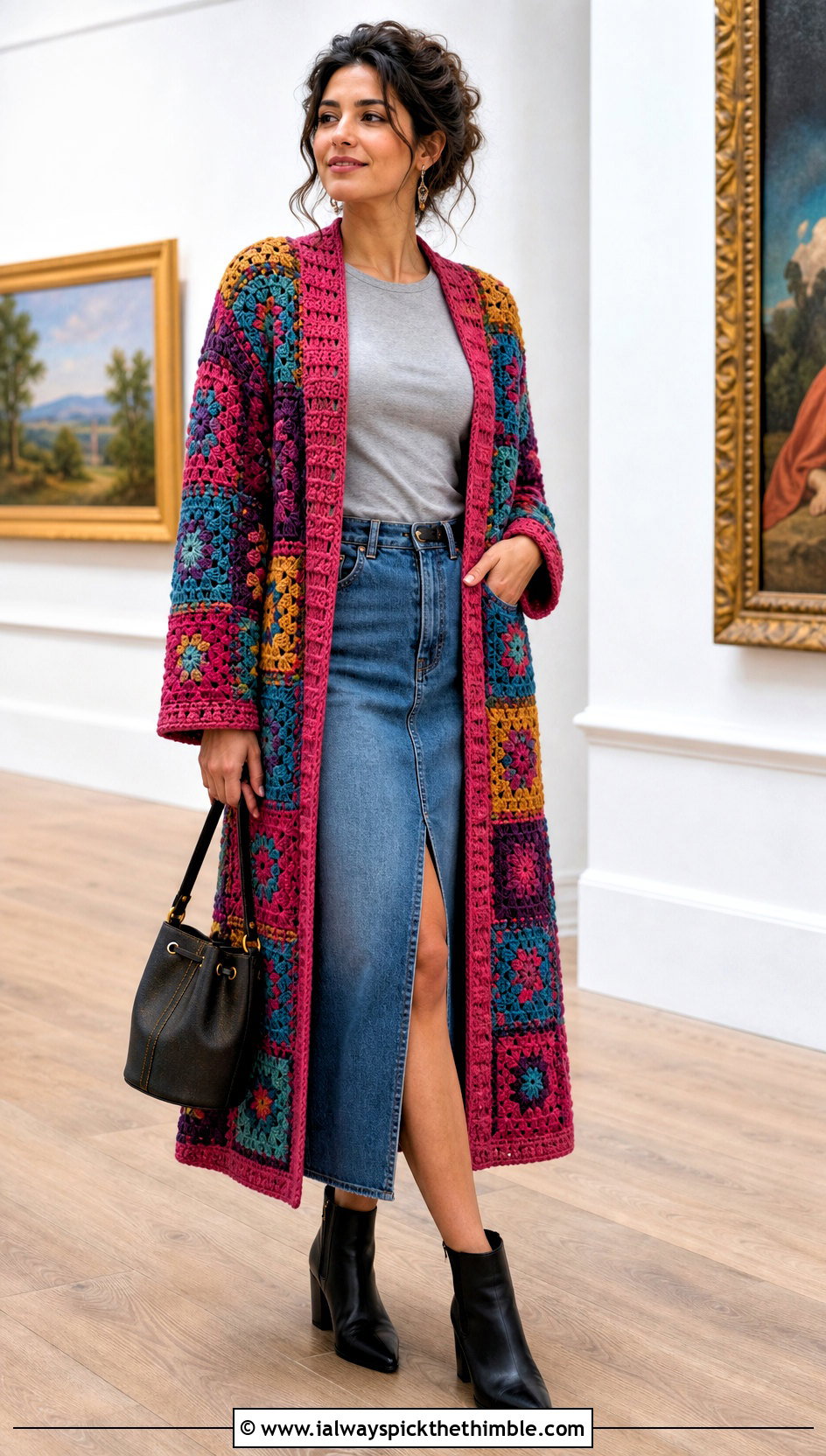 Patchwork Crochet Longline Cardigan With Denim Skirt - 20 Crochet Longline Cardigan outfit ideas