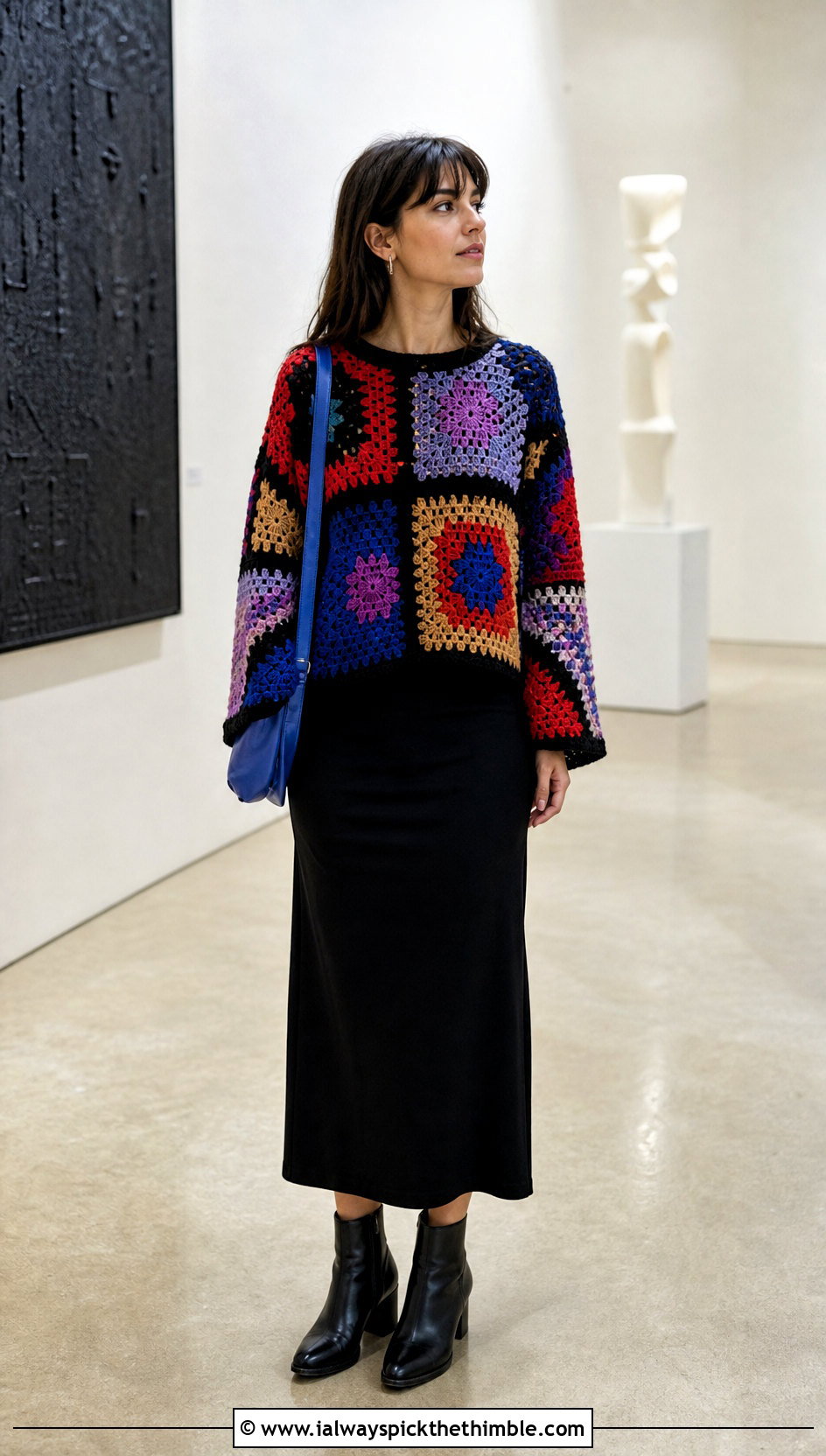 Patchwork Crochet Loose Sweater With Column Skirt - 25 crochet loose sweater outfit ideas