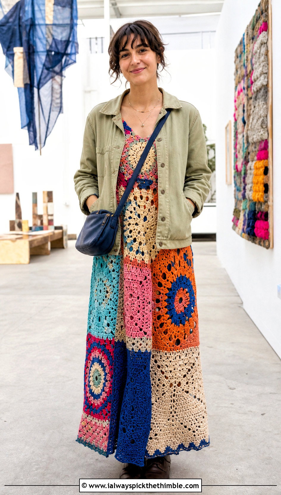 Patchwork Crochet Maxi Dress With Canvas Jacket - 25 Crochet Maxi Dress outfit ideas