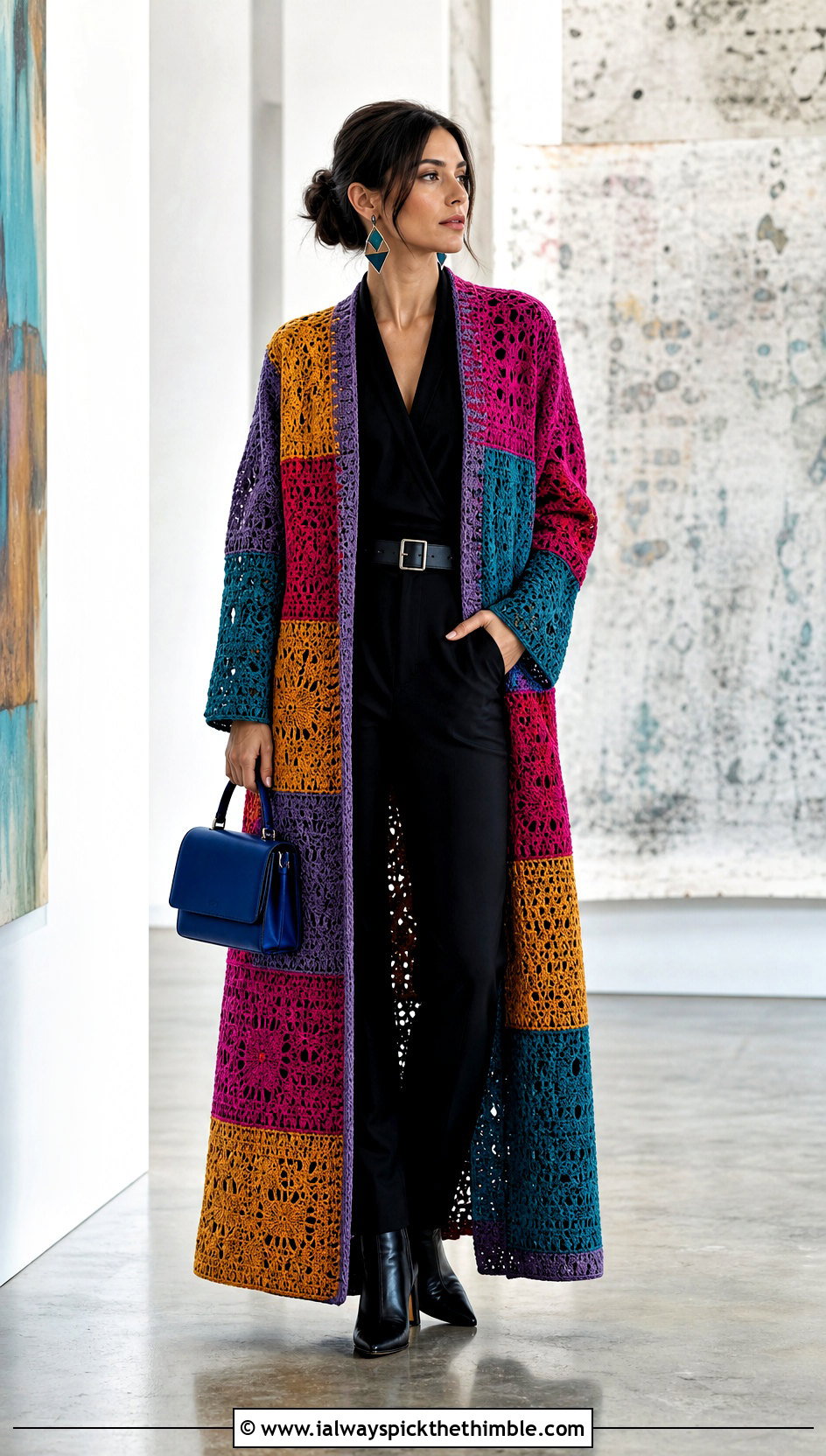 Patchwork Crochet Maxi Jacket With Black Jumpsuit - 25 crochet long jacket outfit ideas