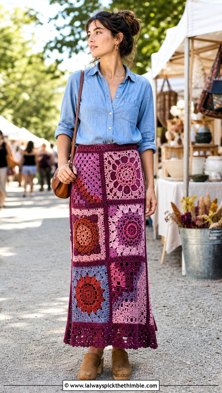Patchwork Crochet Maxi Skirt With Chambray Shirt - 25 crochet maxi skirt outfit ideas